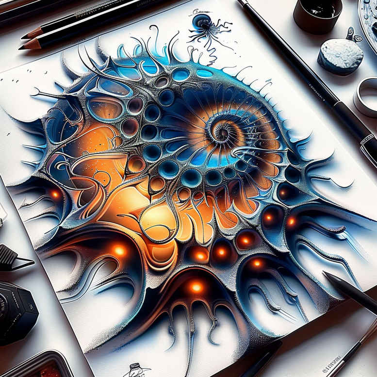 biomechanics tattoo design ideas Surrealism psychedelic dynamic curves for lower leg