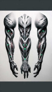 biomechanics tattoo design ideas layered inks dynamic curves symbolising strength