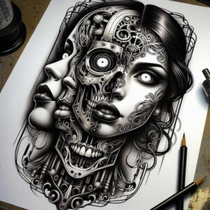biomechanics tattoo design ideas esoteric symbolism dynamic lines stands for perseverance