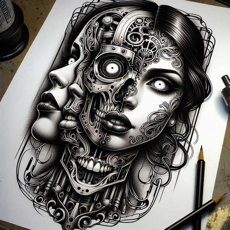 biomechanics tattoo design ideas esoteric symbolism dynamic lines stands for perseverance