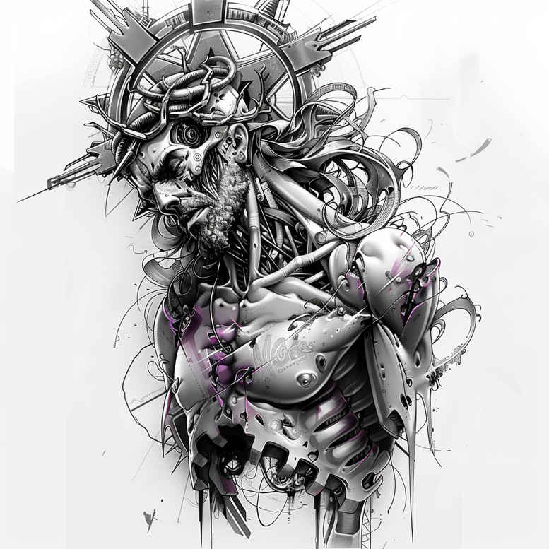 Skull with halo and flowing linework in black and grey; a cover-up-ready tattoo design concept, AI-generated tattoo project.