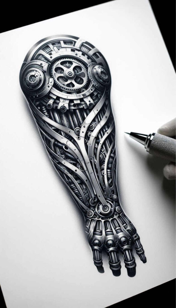 biomechanics tattoo design ideas Surrealism enigmatic light energy flow symbolising resilience