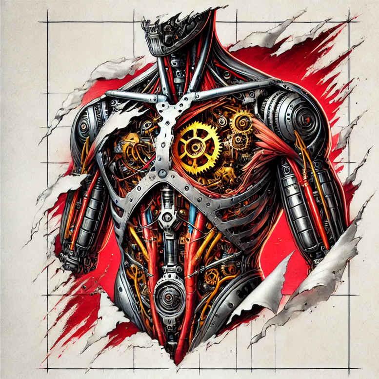 Biomechanical torso with gears and red glow; black and grey shading; AI-generated tattoo concept.