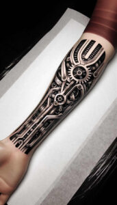 biomechanics tattoo design ideas Neotraditional sharp edges flexible joints symbol of resilience