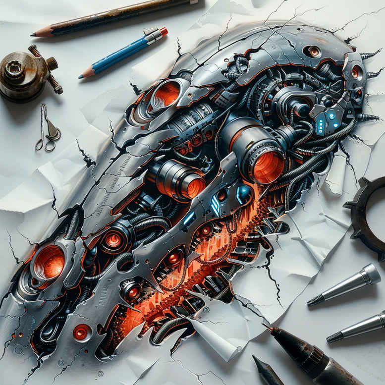 Dragon, blade, and gear in black and grey; AI-generated tattoo project; suitable for a cover-up.