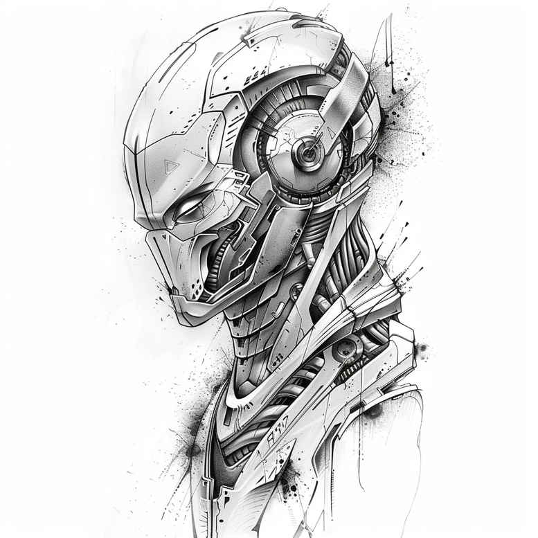 Cyborg skull in black and grey with circular earpiece and mechanical pattern lines; tattoo design concept for cover-up.