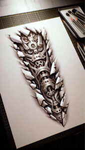 biomechanics tattoo design ideas ethereal textures force vectors for upper thigh