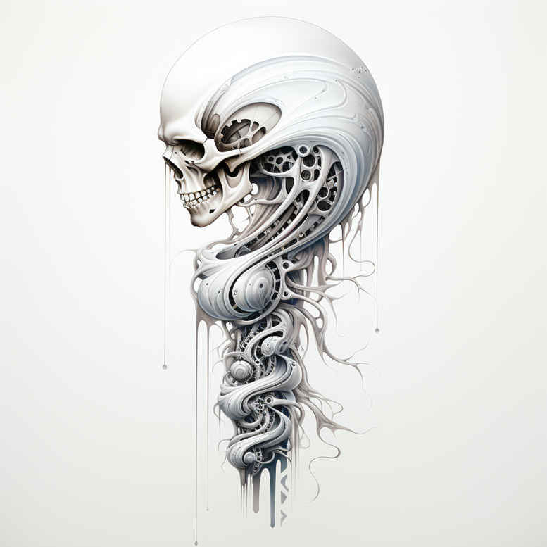 Black and grey biomechanical skull with gears, tubes, and spine; tattoo project idea; not cover-up-ready; pattern elements.