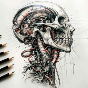 biomechanics tattoo design ideas Surrealism shimmering forms joint mechanics represents determination