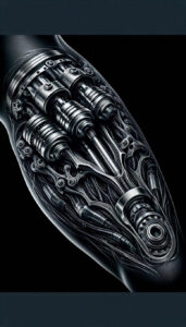 biomechanics tattoo design ideas Surrealism shadow play joint rotation represents determination