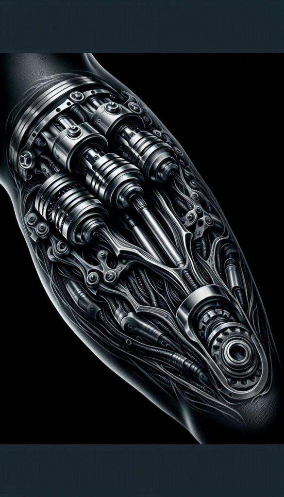 biomechanics tattoo design ideas Surrealism shadow play joint rotation represents determination