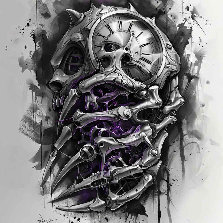Clock, gear, tentacle, and skull in black and grey with subtle purple accents; AI-generated tattoo project idea, perfect for a cover-up.