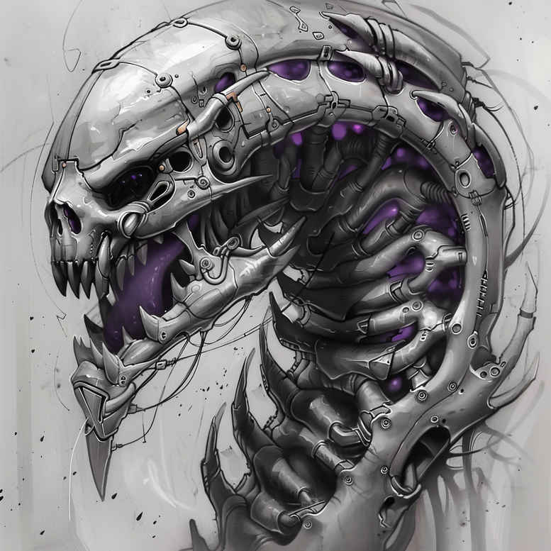 Dragon skull, teeth, jaw, spine bones visible in black and grey with purple accents; detailed tattoo design idea for a cover-up.