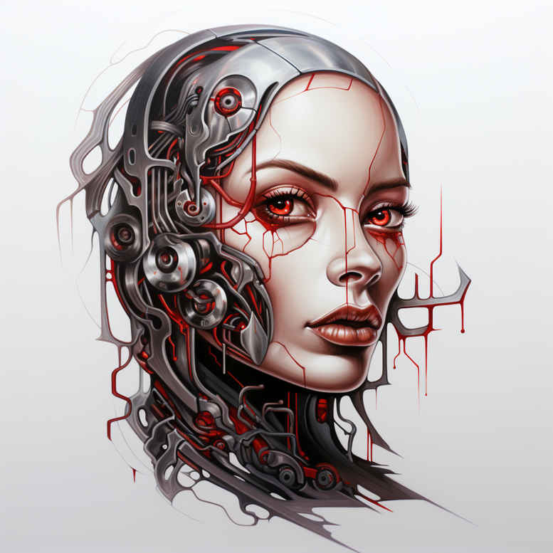 Portrait of a woman with black and grey face implants, gears and circuits in the hair; red accents; project for cover-up.