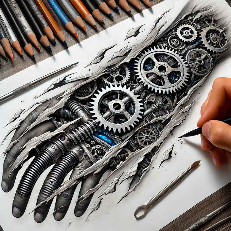 biomechanics tattoo design ideas Surrealism metamorphosis machine motifs for knee