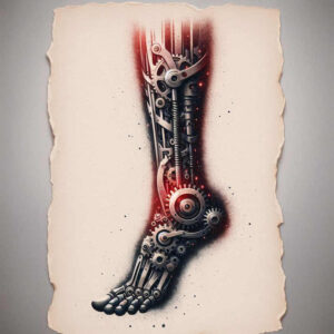 biomechanics tattoo design ideas monochrome mechanical joints for lower leg