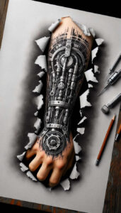 biomechanics tattoo design ideas Realism subtle gradients mechanical joints strength and power
