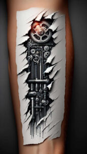 biomechanics tattoo design ideas contrasting colors mechanical parts symbol of strength