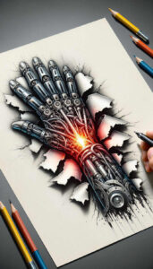 Robotic hand with metallic fingers and exposed wiring breaking through torn paper; black and grey shading with red glow; AI-generated tattoo project; suitable for a cover-up.