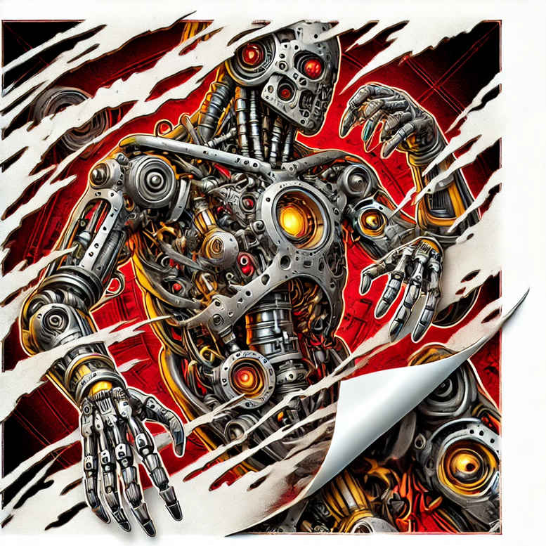 Robot and visible gear in red, black, and grey; cover-up-ready tattoo design concept with pattern; AI-generated tattoo project.