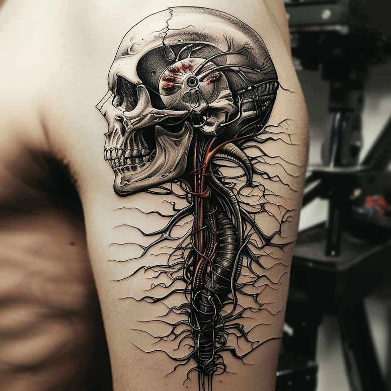 biomechanics tattoo design ideas Surrealism metaphysical mechanical strength symbolising strength