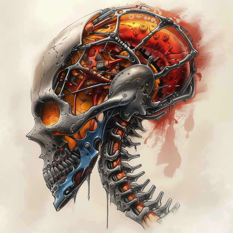 Skull profile in black and grey with an orange fiery brain and interlocking rings across the skull; a cover-up ready tattoo design concept.