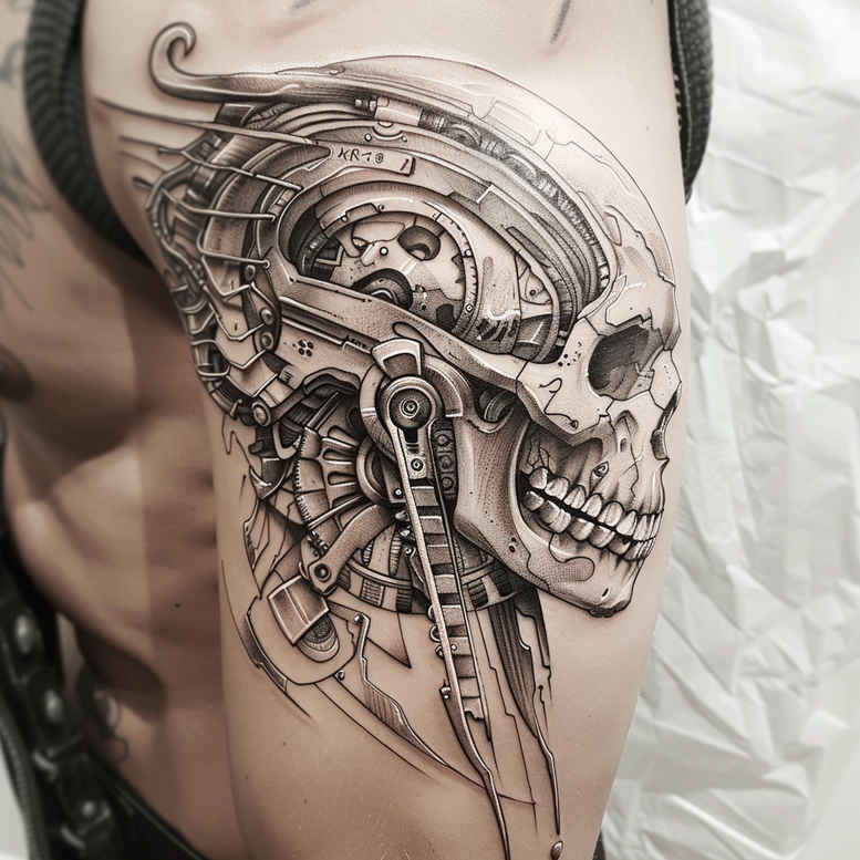 biomechanics tattoo design ideas Realism contrast play movement for upper chest