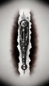Black-and-grey tattoo project: torn-paper reveal of gearwork machinery with gears, cogs, pipes, belts, and pistons; tattoo project; cover-up suitable.