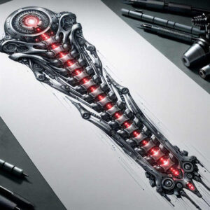 biomechanics tattoo design ideas deep blacks muscle detail for upper thigh