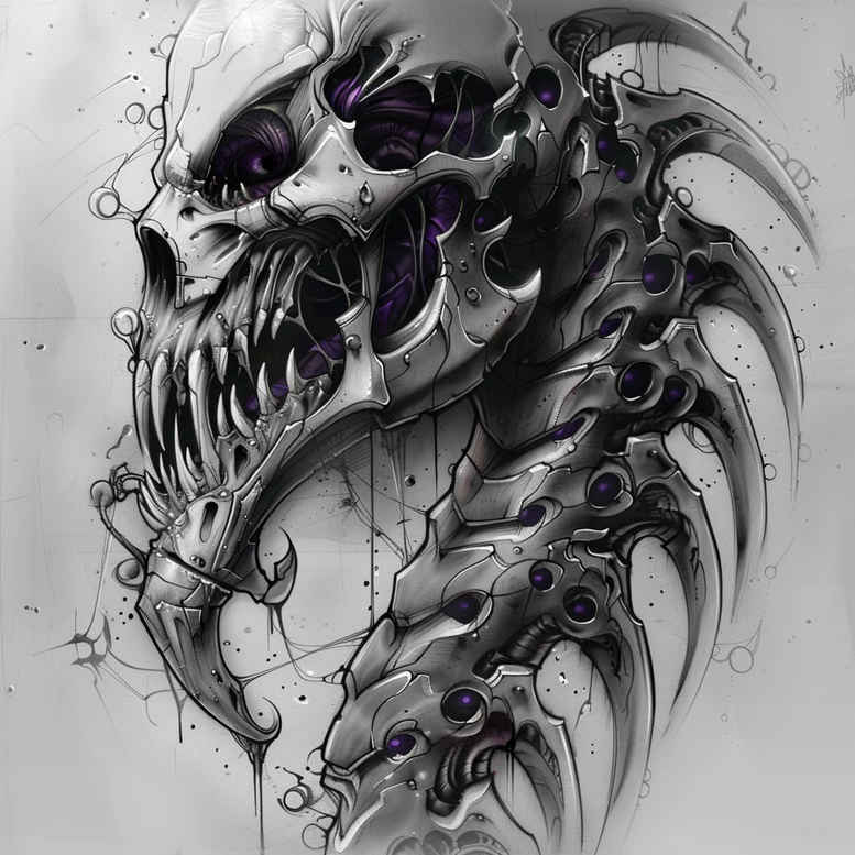 Dragon skull with spiky neck and sharp teeth in black and grey; detailed, cover-up ready tattoo design idea; AI-generated tattoo project.