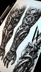 biomechanics tattoo design ideas Realism realistic wrinkles muscular structure represents perseverance