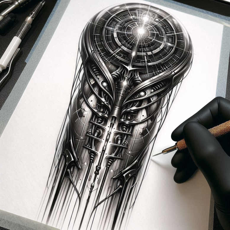 biomechanics tattoo design ideas enigmatic aura muscular structure symbolising courage