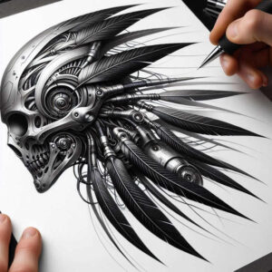 biomechanics tattoo design ideas Surrealism otherworldly organic forms embodying endurance