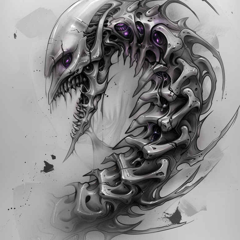 biomechanics tattoo design ideas Surrealism dreamlike organic forms for nape
