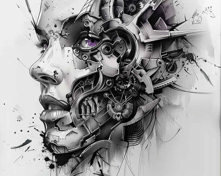 Face with gears and mechanical lines in black and grey; hair visible, AI-generated tattoo project suitable for cover-up.