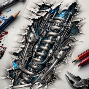 biomechanics tattoo design ideas strong contrast robotic detail for sternum