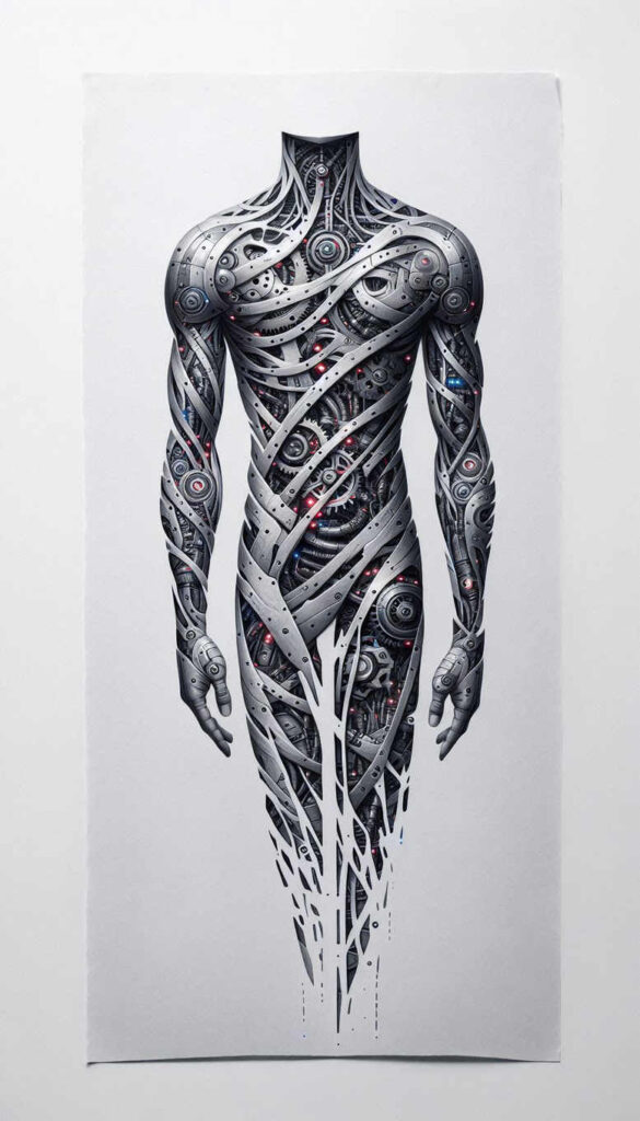 biomechanics tattoo design ideas spectral hues robotic detail symbolising resilience