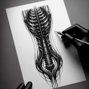 biomechanics tattoo design ideas Surrealism ethereal glow robotic style for lower thigh