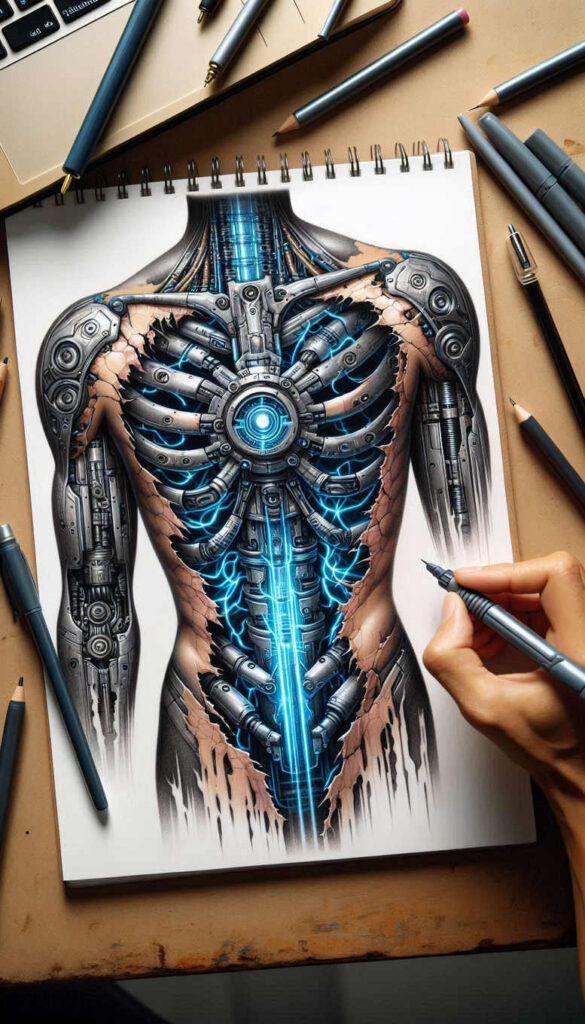 biomechanics tattoo design ideas Surrealism psychedelic structural design meaning courage