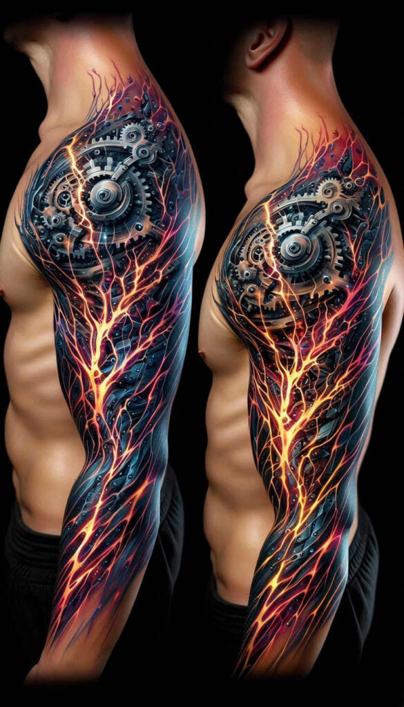 biomechanics tattoo design ideas Surrealism blurred edges tendons stands for perseverance