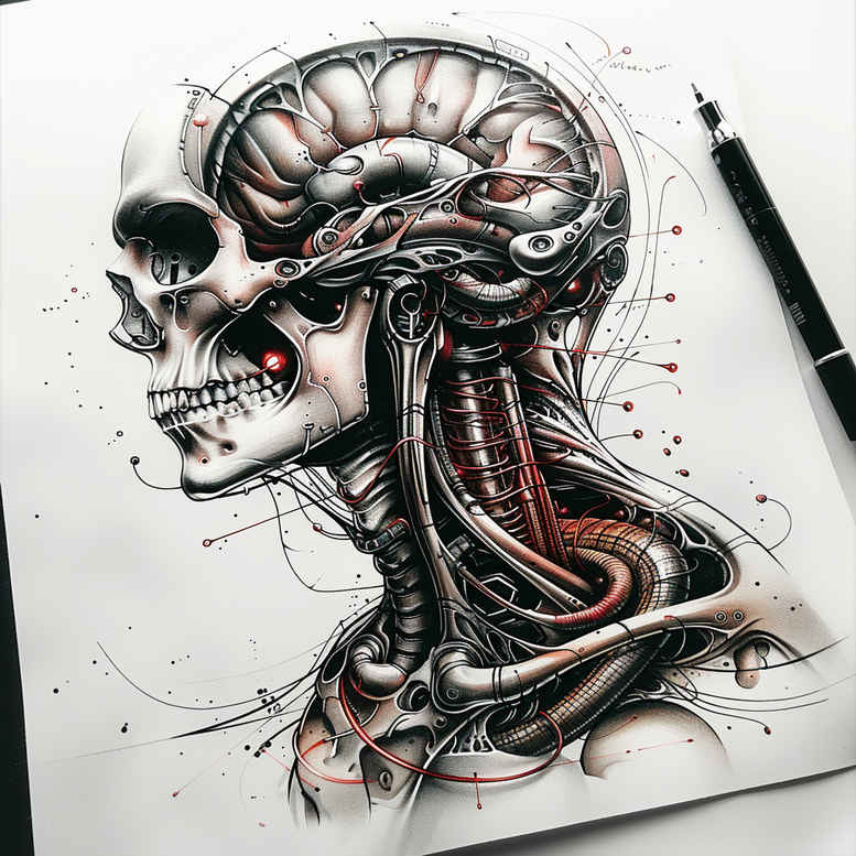 biomechanics tattoo design ideas saturated hues tension lines for upper chest