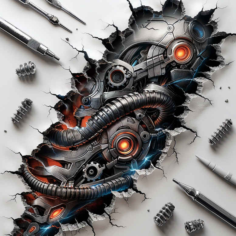 Biomechanical gears, tubes, and glowing cores in black and grey; AI-generated tattoo design concept for cover-up.