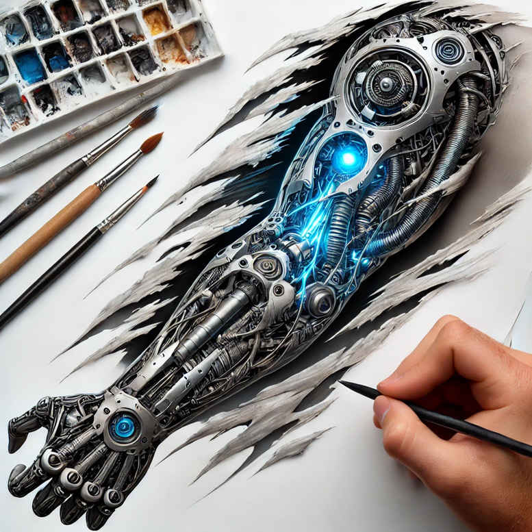 Cybernetic arm tattoo design on paper with pencil, color palette and brushes; black and grey with blue accents; AI-generated tattoo project, ideal for cover-up.
