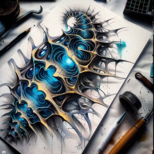 titanium-tattoo – tattoo design ideas free ai generated – neotraditional-layered-fill – for-calf – Gallery: biomechanics-inkby-ai