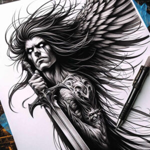 Woman with flowing hair, wings, sword, and dark armor in black and grey; project idea, suitable for a cover-up.