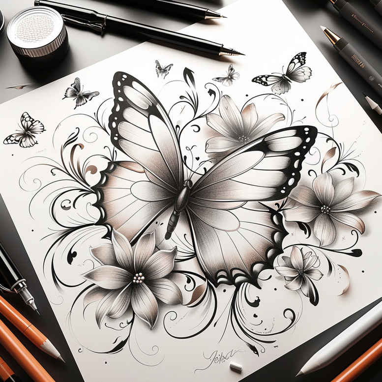 butterfly-line – tattoo design ideas free ai generated – realism-mirrored-effect – for-biceps – Gallery: butterflies-moths-dragonflies-inkby-ai