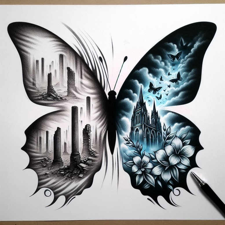 colorful-butterfly – tattoo design ideas free ai generated – realism-high-contrast – for-lower-back – Gallery: butterflies-moths-dragonflies-inkby-ai