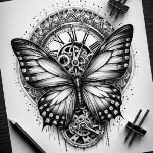 flying-butterfly – tattoo design ideas free ai generated – neotraditional-rich-shading – for-outer-arm – Gallery: butterflies-moths-dragonflies-inkby-ai