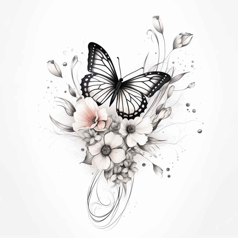 Butterfly with pink watercolor flowers and delicate black outlines; a color tattoo project idea, suitable for cover-up.