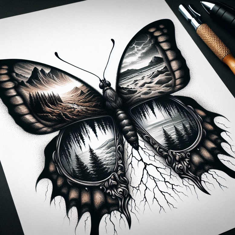 butterflies-moths-dragonflies tattoo design ideas dotwork fluttering motion for lower thigh